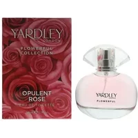 Yardley Opulent Rose Eau De Toilette 50ml, clear bottle with pink liquid, floral box design with rose pattern.