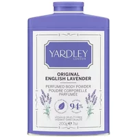 Lavender Yardley body powder in a purple rectangular container with floral design and white label.