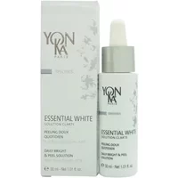 White Yon-ka Paris Essential White Solution bottle with silver cap and dropper, next to matching branded box.