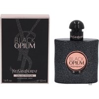 Black glittery YSL Black Opium Eau de Parfum 50ml bottle with pink label, next to matching box.