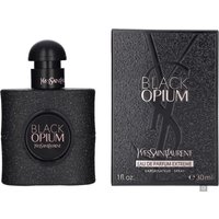 YSL Black Opium Extreme perfume, 30ml, black glitter bottle with round cap, next to matching black box.