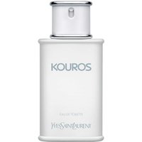 White YSL Kouros Eau de Toilette Spray bottle with silver cap and blue logo, 100ml.