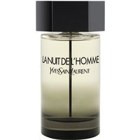 Clear glass bottle with black cap, labeled "La Nuit De L'Homme" by Yves Saint Laurent, 200ml Eau de Toilette.