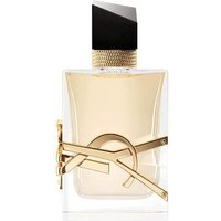 YSL Libre Eau de Parfum 50ml bottle with gold accents, clear glass, and black geometric cap.