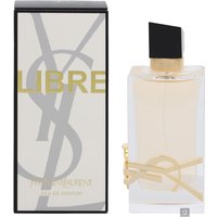 YSL Libre Eau de Parfum 90ml, clear glass bottle with black cap, gold accents, next to branded box.