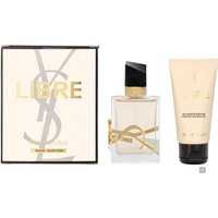 YSL Libre Gift Set with perfume bottle, gold YSL logo, black cap, and matching beige lotion tube.