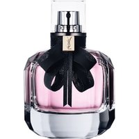 Clear glass bottle with pink YSL Mon Paris Eau de Parfum, black bow, and silver cap.