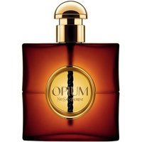 Amber square bottle with gold cap, round center label reading "Opium Yves Saint Laurent," 50ml Eau de Parfum.