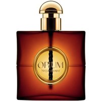 Amber YSL Opium Pour Femme Eau de Parfum 90ml bottle with gold cap and circular gold label.