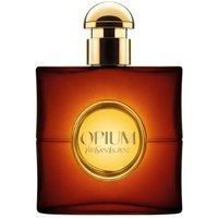 Amber square bottle of YSL Opium Pour Femme Eau de Toilette with gold cap and circular label.