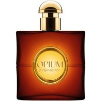 Amber YSL Opium Pour Femme Eau de Toilette 90ml bottle with gold cap and circular gold label.