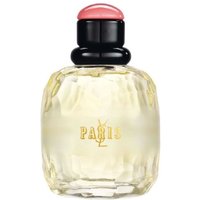 Clear glass bottle of YSL Paris Eau de Toilette, 125ml, with black cap and pink top.