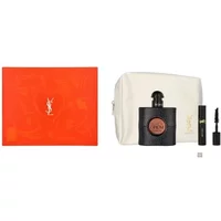 Yves Saint Laurent Black Opium Gift Set with black perfume bottle, white pouch, mascara, and red box.
