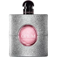 Yves Saint Laurent Black Opium Glitter Eau De Parfum 90ml bottle with silver glitter and pink circular label.