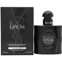Black Yves Saint Laurent Black Opium Le Parfum bottle with glittery label, next to matching black box.