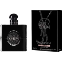 Black Yves Saint Laurent Black Opium Le Parfum bottle with glittery label, next to matching black box.