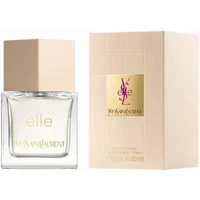 Yves Saint Laurent Elle Eau De Parfum 80ml, clear square bottle with gold cap, next to beige box with gold accents.