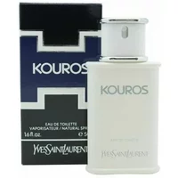 White Yves Saint Laurent Kouros Eau De Toilette bottle with silver cap, next to a black and white box.