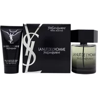 Yves Saint Laurent La Nuit De L'homme gift set with black EDT bottle and matching shower gel tube, elegant packaging.