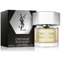 Yves Saint Laurent L'Homme Eau De Toilette 60ml in clear bottle with silver cap, black box with silver hexagon design.
