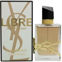 Yves Saint Laurent Libre Flowers & Flames Eau De Parfum 50ml with gold YSL logo and black cap, next to branded box.