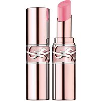 Pink Yves Saint Laurent lip balm in metallic tube with YSL logo, shade Pink Sunrise, partially extended.