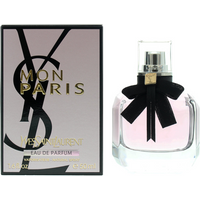 Yves Saint Laurent Mon Paris Eau de Parfum 50ml, clear bottle with black bow, pink liquid, next to black box.