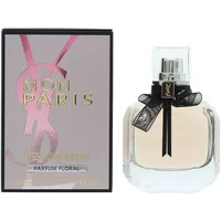 Yves Saint Laurent Mon Paris Floral Eau De Parfum 50ml bottle with black bow and pink box.