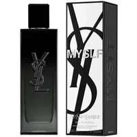 Black Yves Saint Laurent Myslf Eau De Parfum bottle with embossed YSL logo, next to matching black and white box.