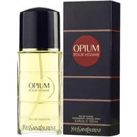 Yves Saint Laurent Opium Pour Homme Eau De Toilette 100ml, clear bottle with black cap, red and black box.