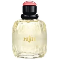Clear glass bottle of Yves Saint Laurent Paris Eau De Toilette, black cap with pink top, gold logo on front.