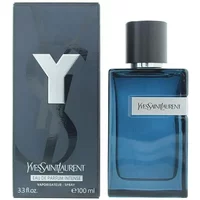 Yves Saint Laurent Y Eau De Parfum Intense 100ml, blue glass bottle with black cap, next to matching dark box.