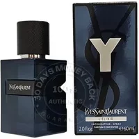 Yves Saint Laurent Y L'Elixir Eau De Parfum 60ml, dark blue bottle with black cap, matching box with large silver "Y".