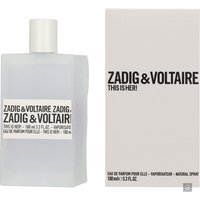 White rectangular bottle with black text, "Zadig & Voltaire This Is Her!" Eau de Parfum 100ml, next to matching box.