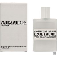 White rectangular Zadig & Voltaire This Is Her! perfume bottle, black text, next to matching box, 50ml size.