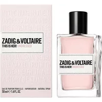 Clear glass bottle with pink perfume, black cap, and Zadig & Voltaire label next to matching pink box.