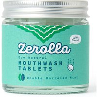 Zerolla Eco Natural Mouthwash Tablets jar, teal label, silver lid, 150 tablets, Double Mint flavor, with Fluoride.