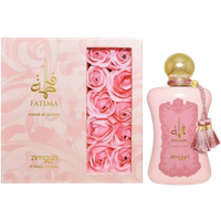 Zimaya Fatima Extrait De Parfum, pink bottle with gold cap, tassel, floral box design, 100 ml.