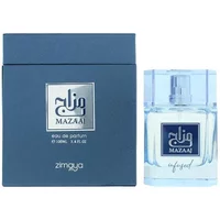Zimaya Mazaaj Infused Eau De Parfum 100ml, clear square bottle with blue label, matching blue box.