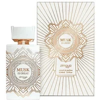 White and gold Zimaya Musk Is Great Extrait De Parfum 100ml bottle with geometric design and matching box.
