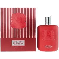 Red Zimaya Paragon Eau De Parfum 100ml bottle with silver cap, embossed logo, and matching striped box.