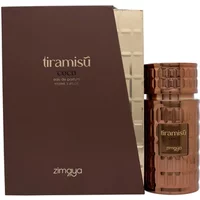 Zimaya Tiramisu Coco Eau De Parfum 100ml, brown textured bottle with gold accents, matching brown and gold box.
