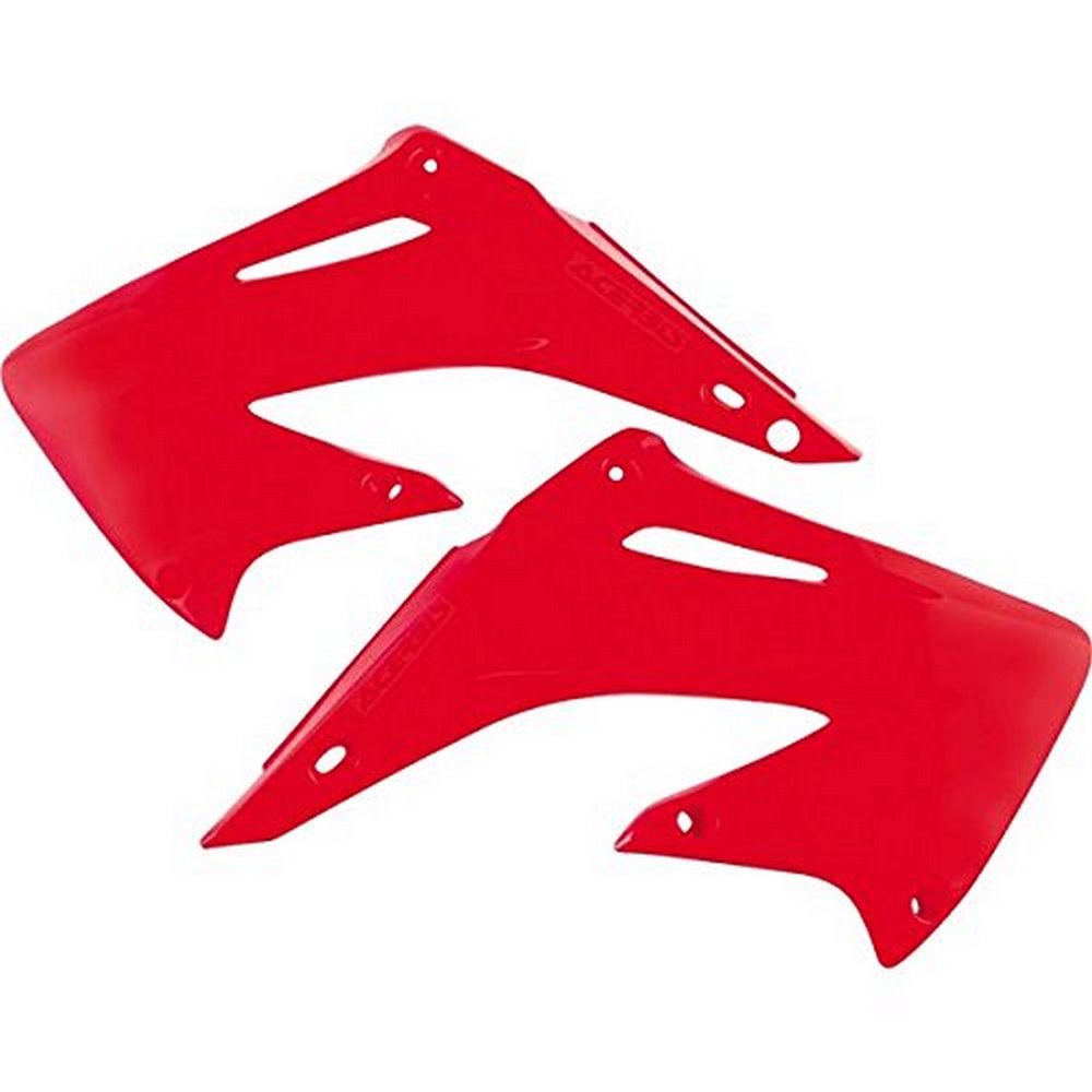 Red Acerbis radiator scoops designed for Honda CR 125/250 models from 2002 to 2007, featuring a sleek, aerodynamic shape and multiple ventilation slots for improved cooling.