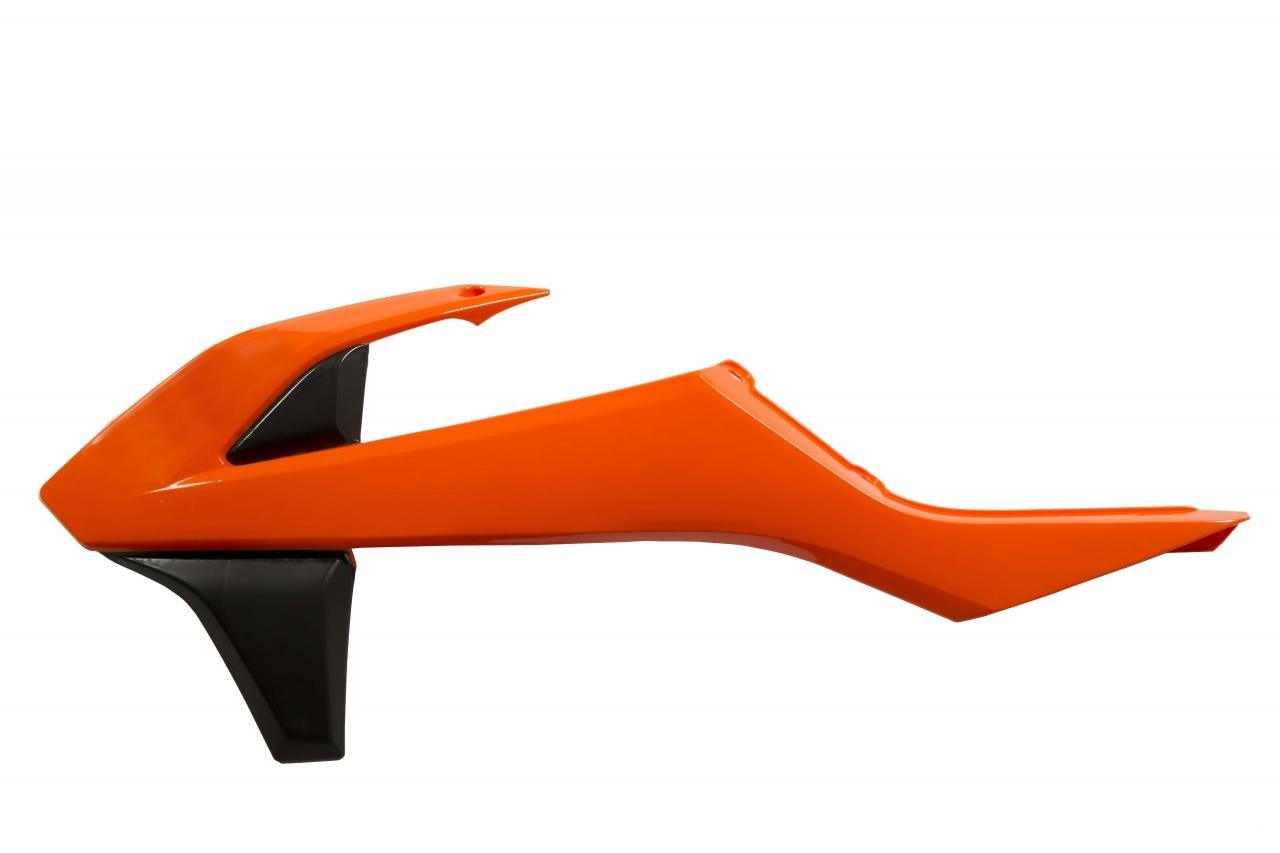 Acerbis radiator scoops in vibrant orange and black, designed for KTM SX/SXF 125/250/350/450 (2016-18) and EXC (2017-19), featuring a sleek, aerodynamic shape.
