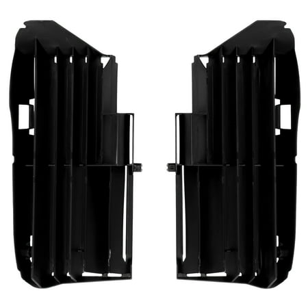 Black plastic radiator louvers featuring a ribbed design with multiple vertical slats, designed for enhanced airflow and cooling efficiency in motorcycle applications.