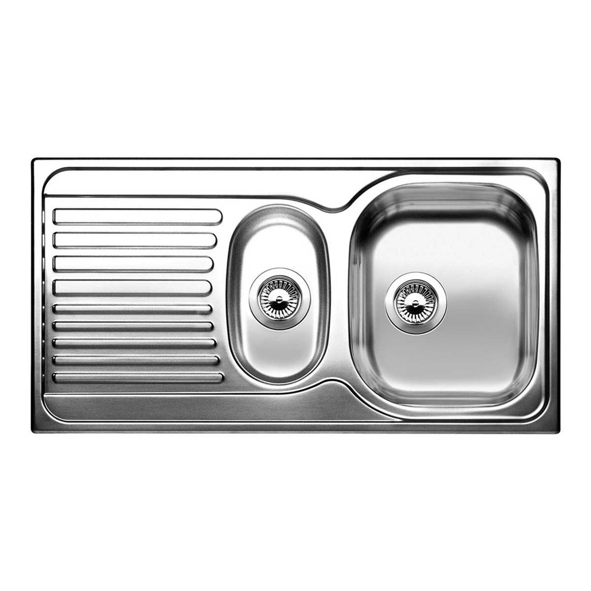 Stainless steel 1.5 bowl inset sink with a chrome finish, featuring one large bowl, a smaller bowl, and a slotted drainage area on the side.