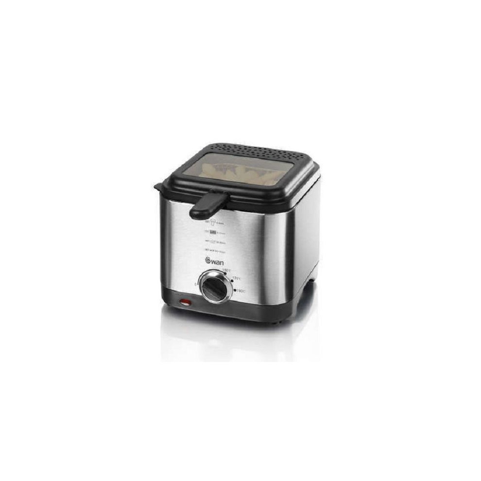 Stainless steel fryer with a black lid and control dial, featuring a transparent viewing window and a compact design, ideal for countertop use.