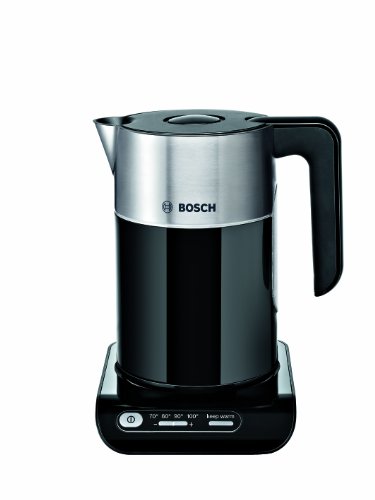 Cordless black kettle with a stainless steel lid and handle, featuring a base with temperature control buttons for 70°C, 80°C, 90°C, and boiling, branded with the Bosch logo.