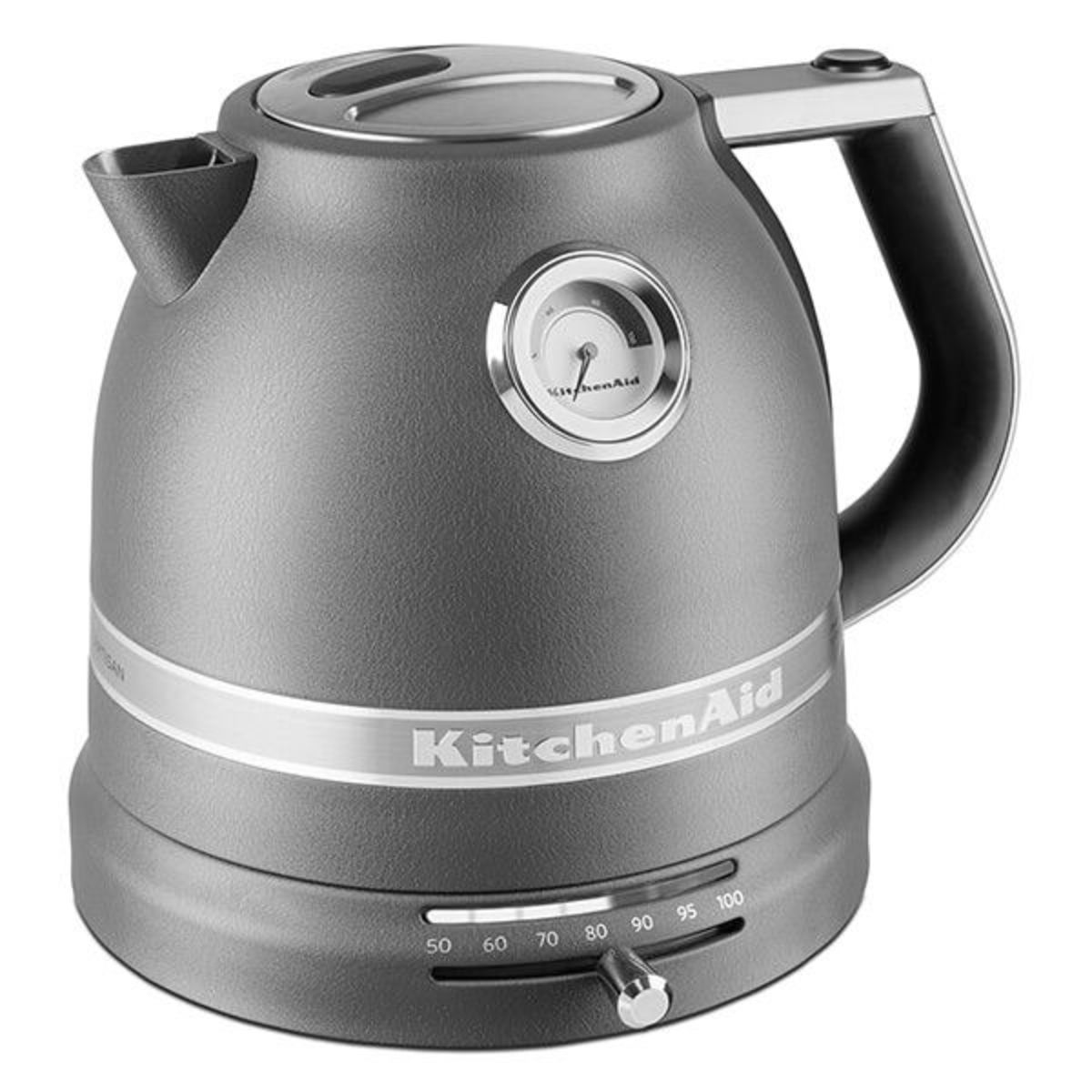 Artisan kettle in imperial grey with a textured finish, stainless steel accents, a temperature gauge, and a black handle, featuring a 1.5L capacity and a sleek design.