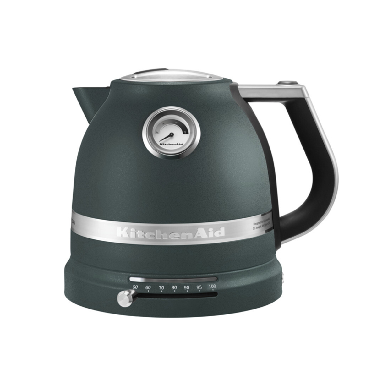 Pebble Palm green KitchenAid 1.5L kettle with a stainless steel handle, variable temperature dial, and a round temperature gauge on the lid.